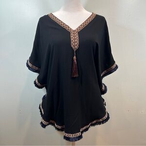 Persian Kimono Black Poncho Top Embroidered Fringe Tassel One Size Boho Festival